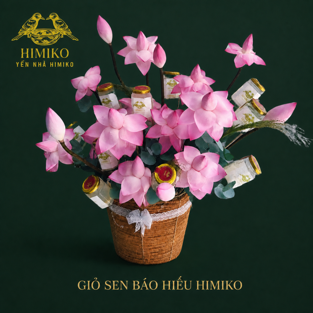 Giỏ Sen Báo Hiếu Himiko kết hợp yến chưng thanh vị và hoa sen tươi