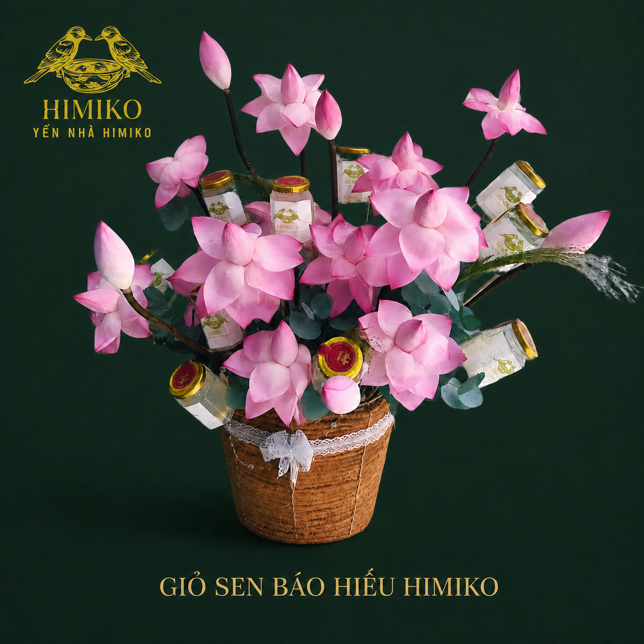 Giỏ Sen Báo Hiếu Himiko kết hợp yến chưng thanh vị và hoa sen tươi